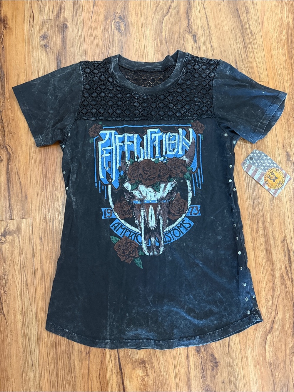 Affliction Black Graphic Short-Sleeve Tee with Crochet Yoke